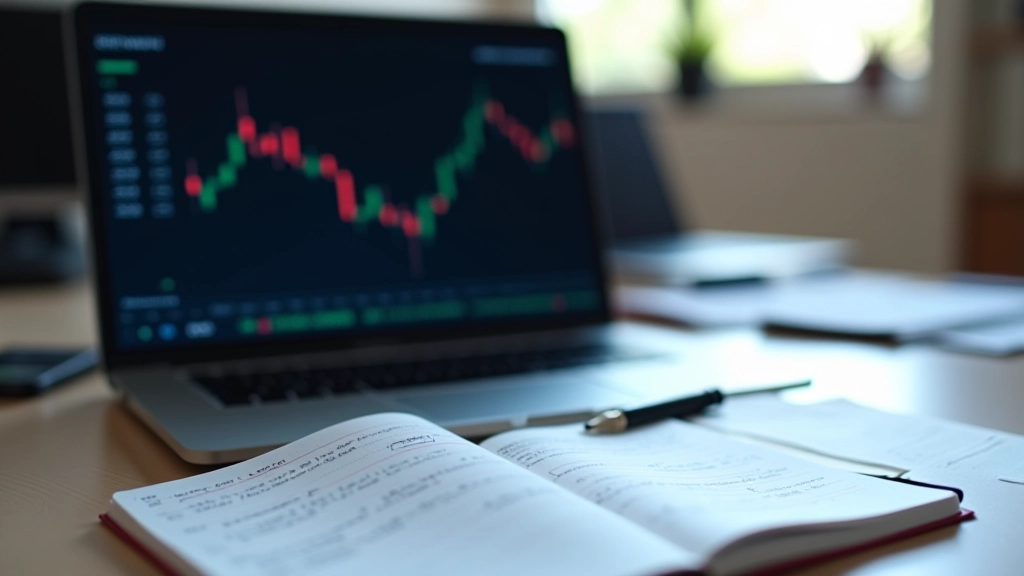 Gráfico de candlestick em tela de computador com caderno de anotações ao lado