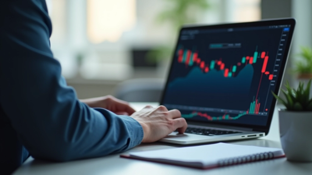 Pessoa a trabalhar num computador portátil com gráfico de candlestick aberto, caderno de anotações ao lado