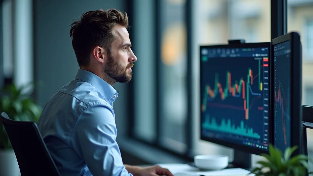 Analista observando múltiplos gráficos de preço e volume em monitores