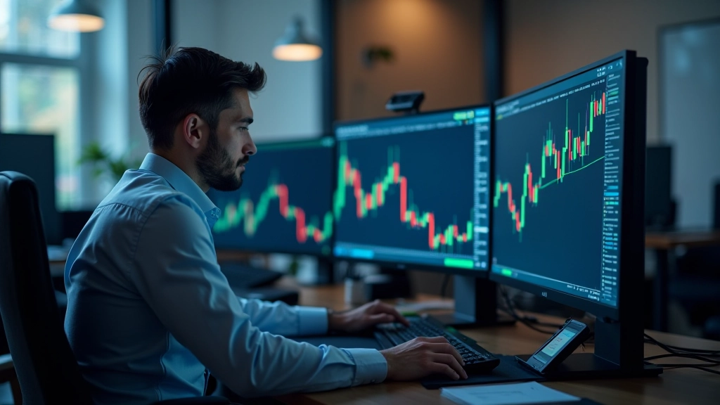 Trader em frente a múltiplos ecrãs mostrando gráficos com níveis de suporte e resistência marcados